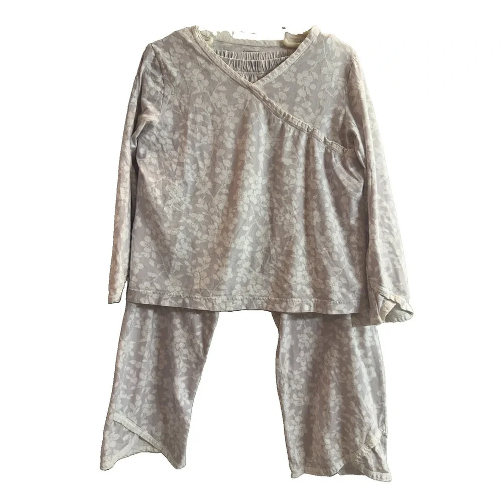 Garnet Hill Green Cotton Pajama Set Womens L Grey Floral Faux Wrap Sleepwear 2Pc